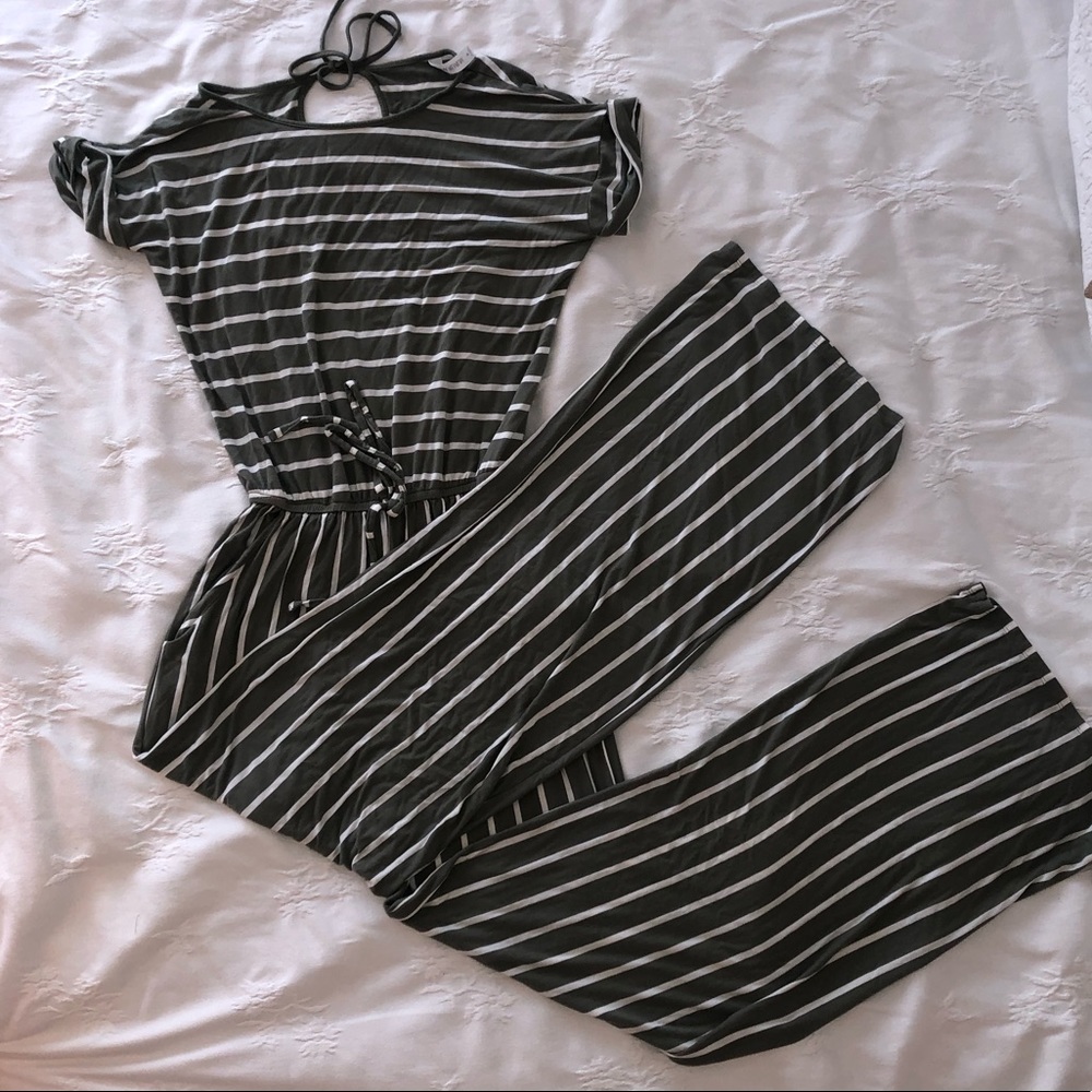 Olive  and cream striped jumpsuit
